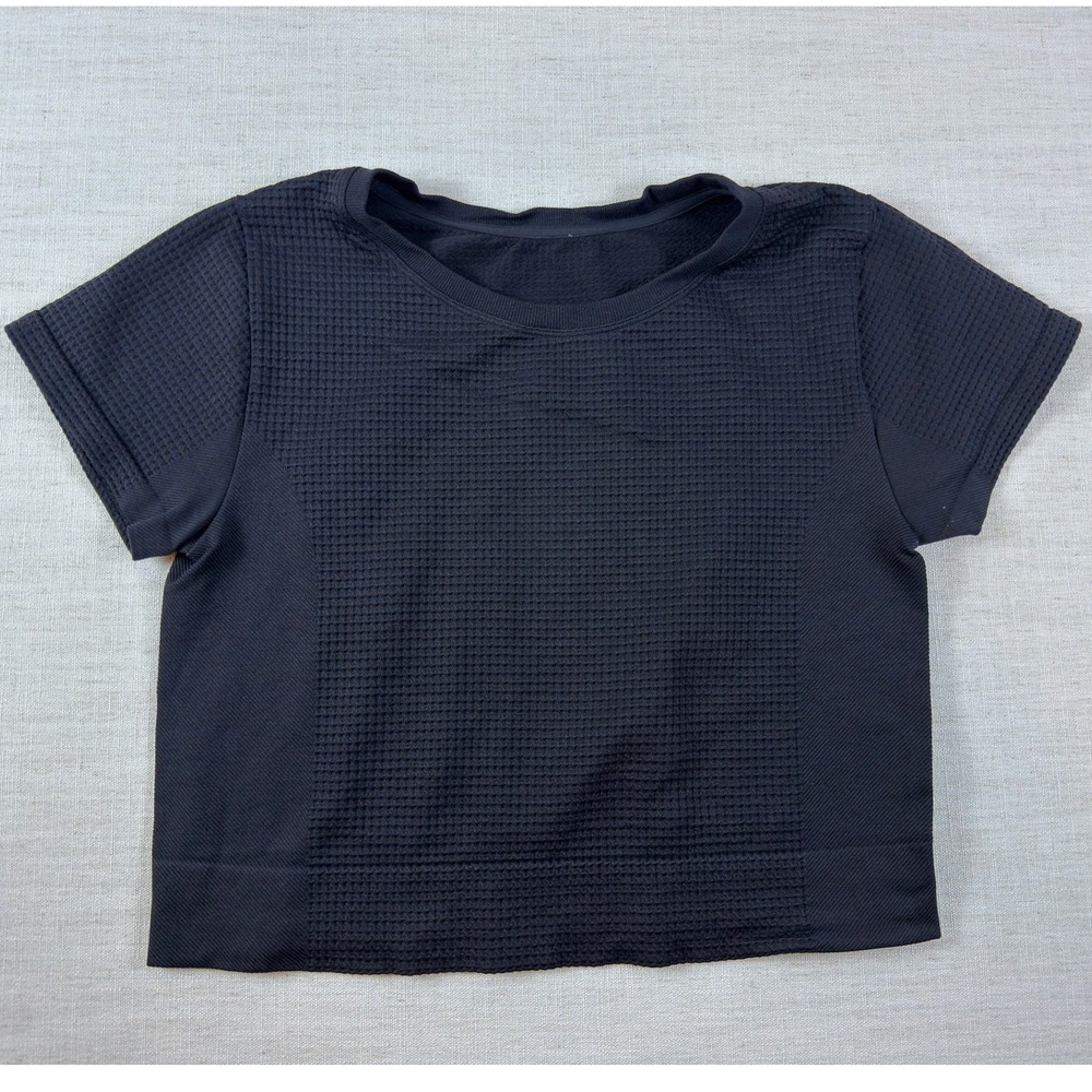 Textured Waffle Knit Athletic Crop Top Short Sleeve Black Gray Gym Shirt